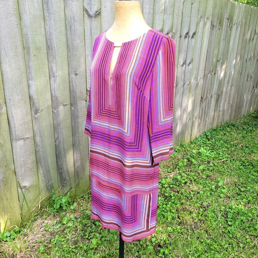 Colorful Striped Silk Trina Turk shift Dress 6 abstract MOD 3/4‎ sleeves